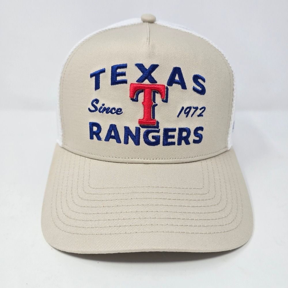 Texas Rangers Fanatics MLB Trucker Hat Tan White Snapback Since 1972 Cap Mens